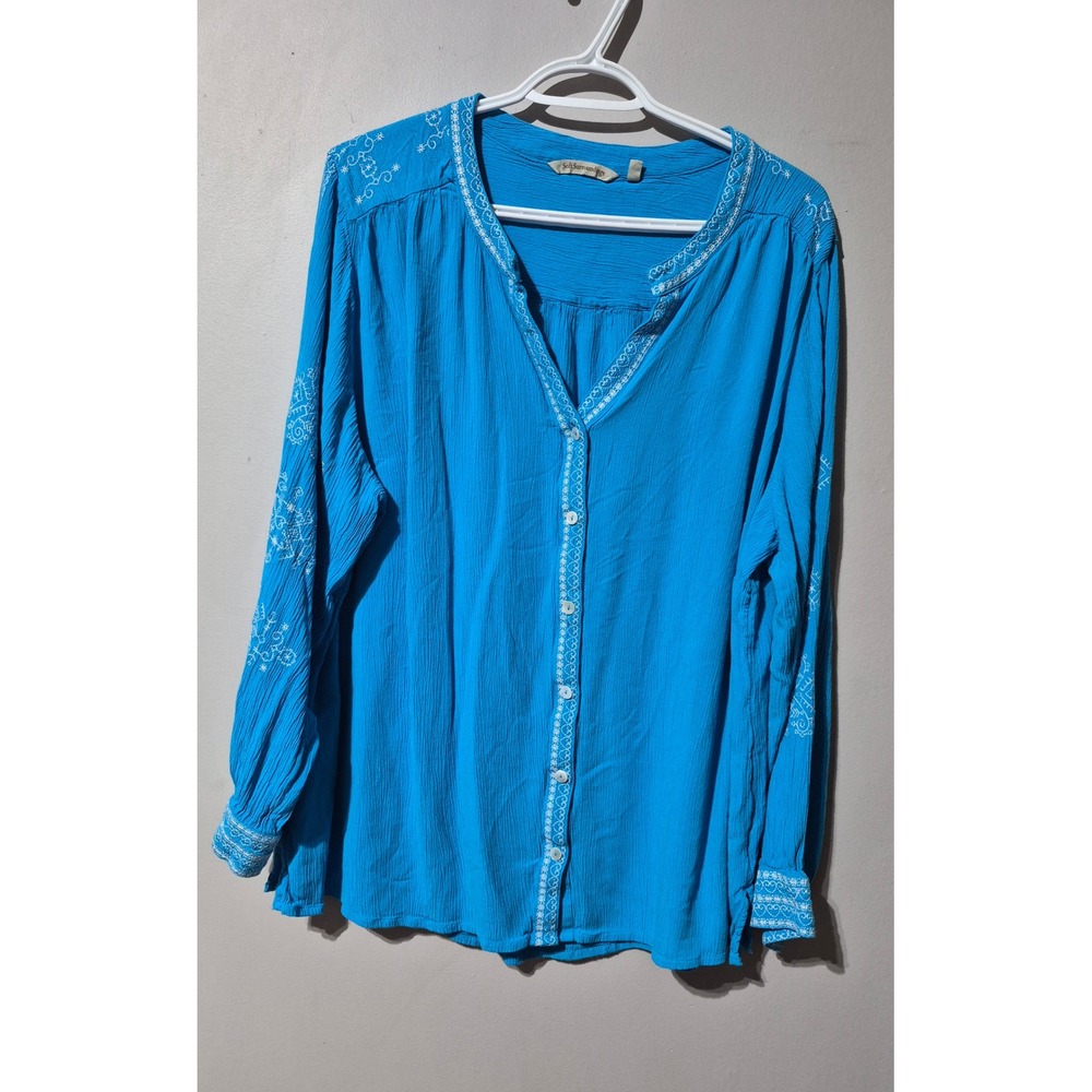 Soft Surroundings Blue Embroidered Button Front Rayon Blouse 2X Boho SGJ94
